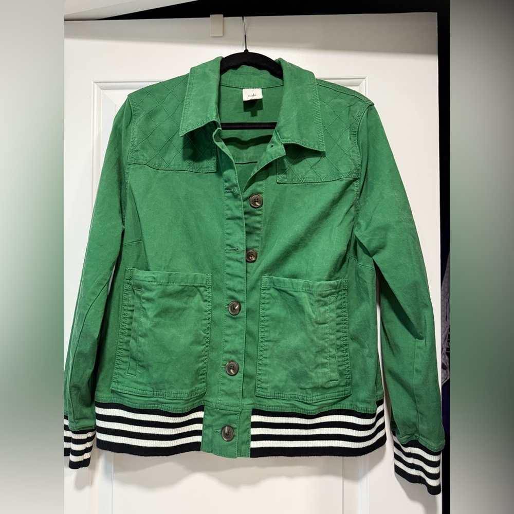 CAbi Green Utility Jacket with Striped Black and White Hem and Cuff. Size Large